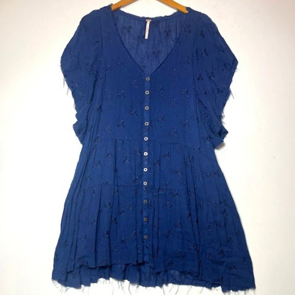 Free People Navy Blue Tiered Button Eyelet Boho‎ Raw Hem Mini Dress Sz S